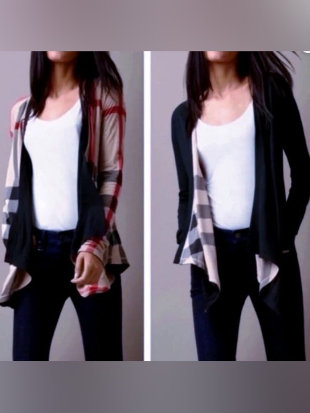 Burberry Reversible Waterfall Black Cardigan with Classic Beige Plaid Lining - L - Picture 2 of 10